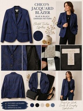 Chico's Blue/Black Brocade Blazer - M (Chico's Size 1)